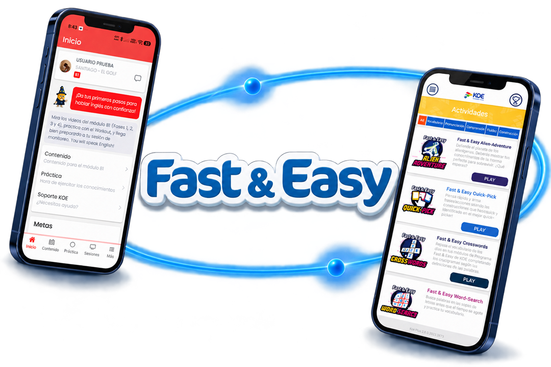 Logo Fast & Easy con KOE Mobile y KOE Plus orbitando como satélites