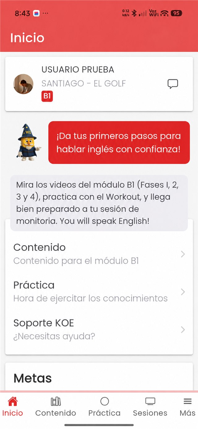 Pantalla de inicio de KOE Mobile con usuario de demostración