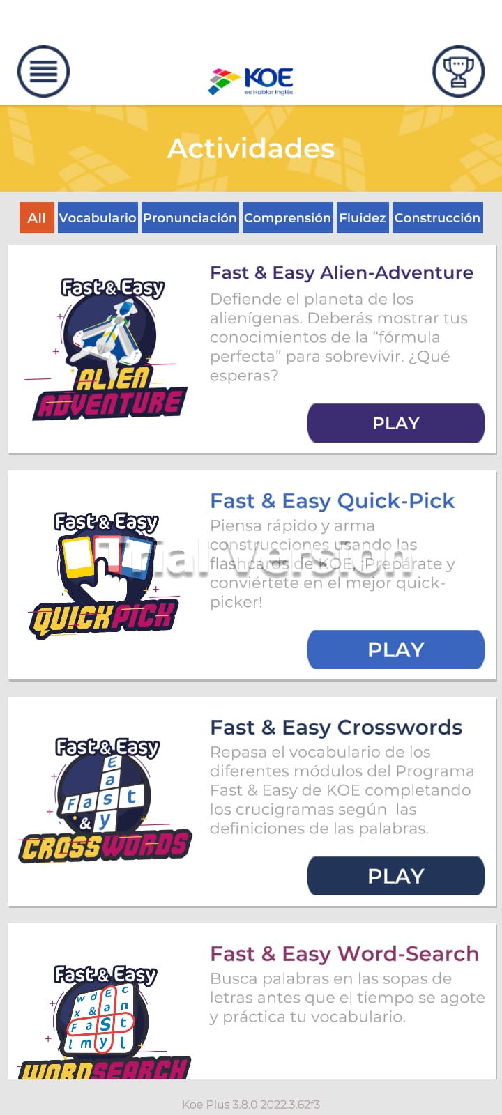Pantalla de actividades de KOE Plus