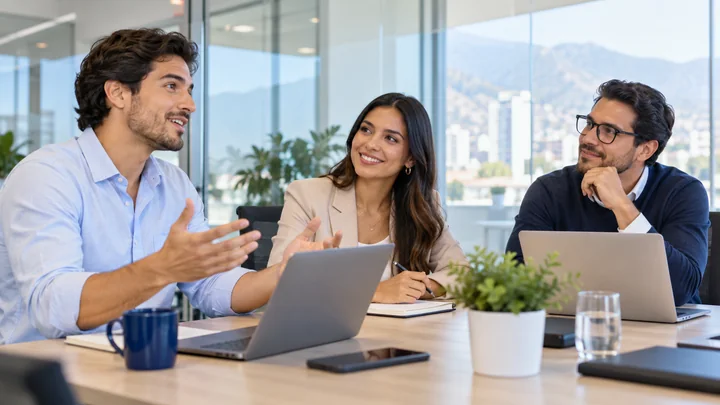 Equipo profesional comunic&aacute;ndose en una reuni&oacute;n de trabajo