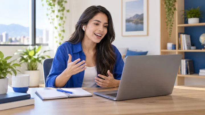 Joven adulta practicando ingl&eacute;s en una sesi&oacute;n online