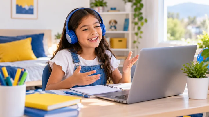 Ni&ntilde;a disfrutando una actividad de ingl&eacute;s online